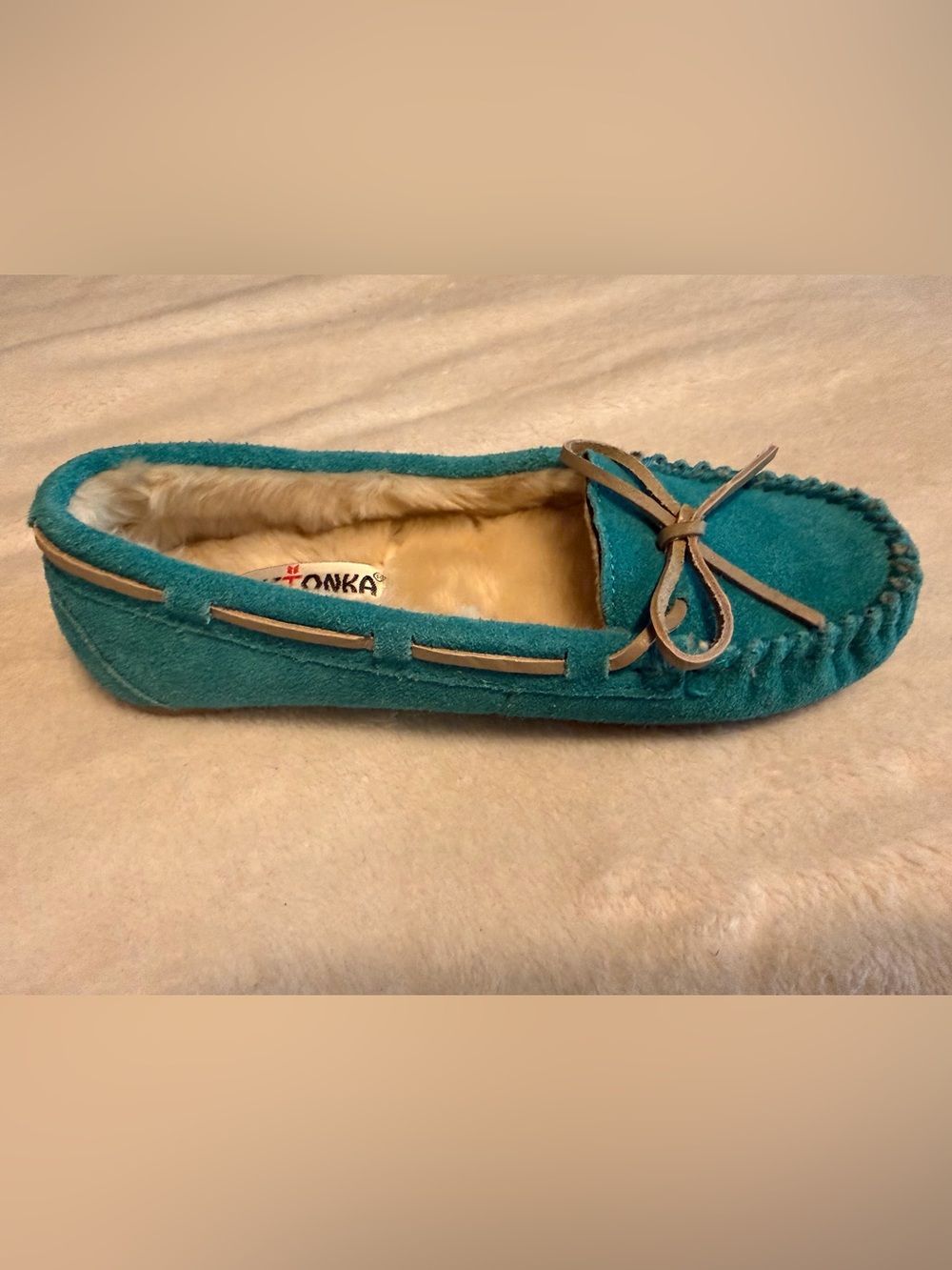 Minnetonka Teal Suede Shearling-Lined Moccasins - Picture 3 of 7